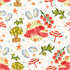 Naklejka premium Summer Lobster and Lemon Seamless Pattern, La Dolce Vita Coastal Mediterranean Design, Italian Seafood Picnic Print, Citrus Tile Background, Nautical Summer Repeat, Retro Amalfi Style Surface Pattern 
