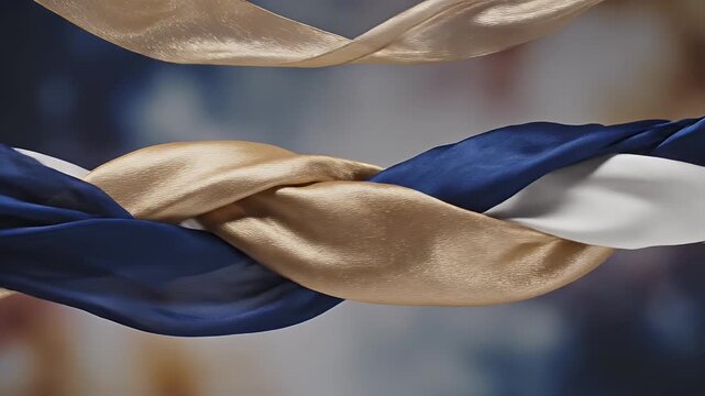 Braided Satin Ribbon - A close-up view of intertwined satin ribbons in blue, white, and gold, creating an elegant braid.