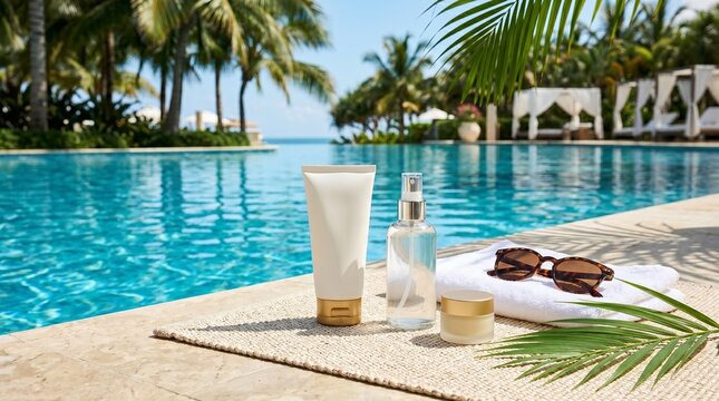 Sunscreen and skincare products placed on a mat beside swimming pool