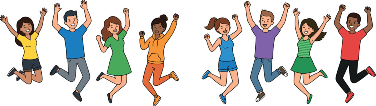 Happy Diverse People Jumping Vector Collection with Cheerful Young Friends Celebrating Success Together for Joyful Concept Designs