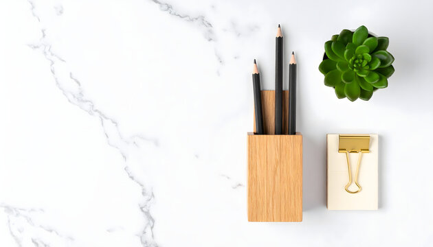 Organizador de escritorio de madera con suculenta sobre mesa de m&aacute;rmol blanco