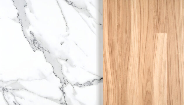 Combinaci&oacute;n de m&aacute;rmol blanco veteado y madera de roble claro en vista cenital