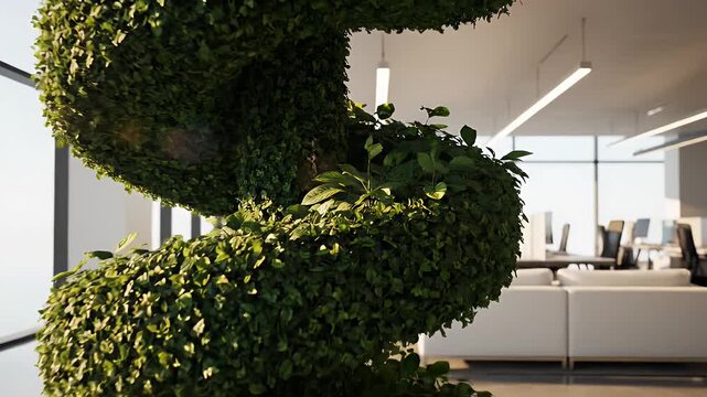 Modern Office with Spiral Topiary - A modern office interior showcases a lush spiral topiary plant, centrally placed in a spacious and well-lit room.