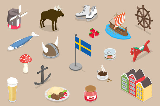 3D Isometric Flat Vector Illustration of Sweden Culture Elements, Food, Culture, Landmarks