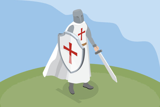 3D Isometric Flat Vector Illustration of Crusader Knight, Templar with Sword And Shield In Dramatic Landscape