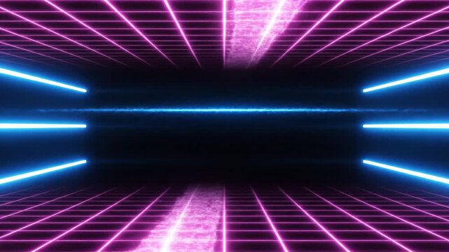 A glowing neon grid tunnel with bright blue light beams in a dark space