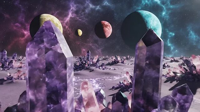 Surreal Crystal Landscape with Multiple Celestial Bodies - A fantastical scene featuring large purple crystals protruding from a barren landscape, under a starry sky.