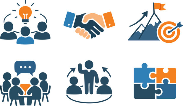 Business teamwork and leadership development icons set. Vector flat illustrations of team brainstorming idea, partnership handshake, mountain peak goal achievement, corporate meeting discussion, mento