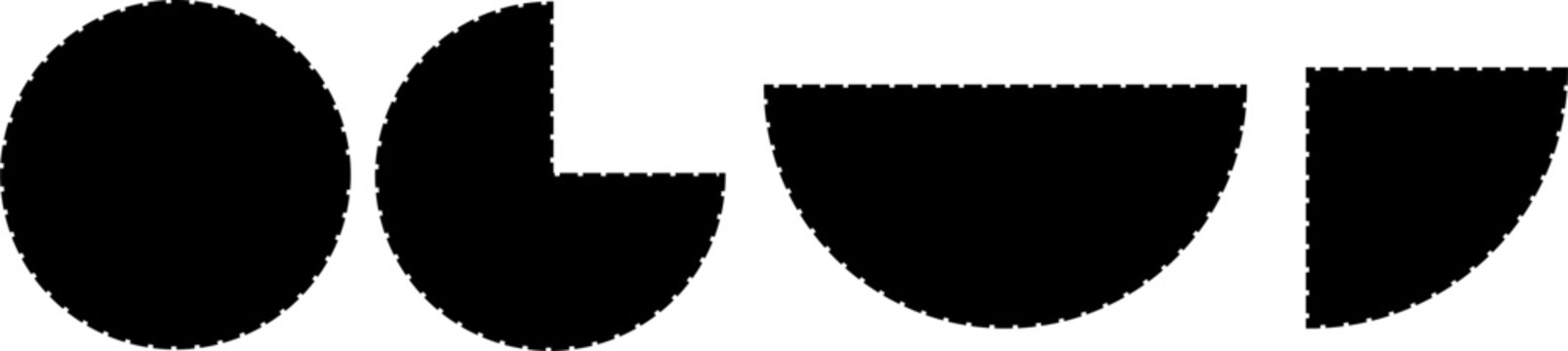 Solid black circular segments with dashed outlines, Abstract geometric pie chart shapes, Minimalist sector icons