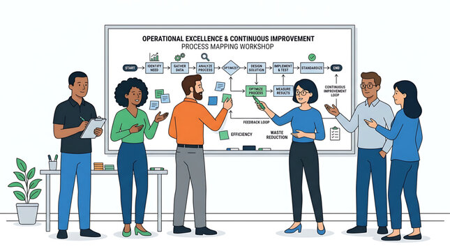 Business team in a process mapping workshop for operational excellence and continuous improvement