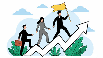 Fototapeta premium Business people climbing an upward arrow with a flag, symbolizing growth and success