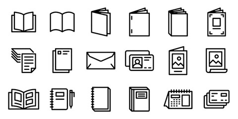 Book and Print Publication Line Icons Set. Notebook, Catalog, Poster, Brochure, Journal, Document and Corporate Stationery Vector Illustration Collection. © biac