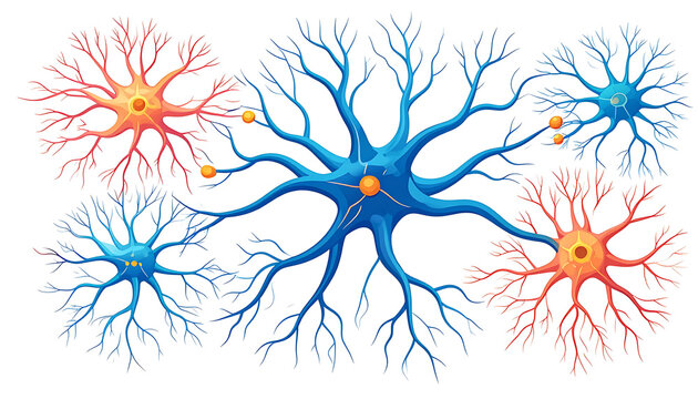 Colorful interconnected neuron cells with dendrites and axons, abstract illustration of brain activity and neural network, science and technology concept