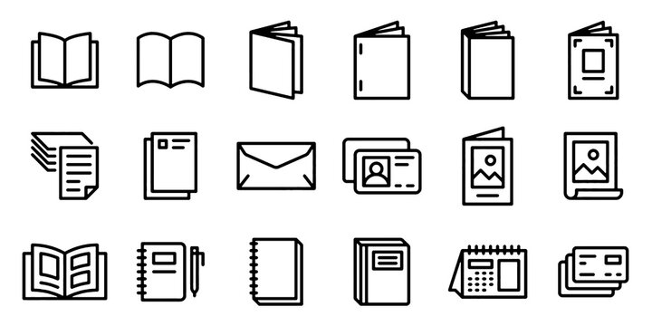 Book and Print Publication Line Icons Set. Notebook, Catalog, Poster, Brochure, Journal, Document and Corporate Stationery Vector Illustration Collection.