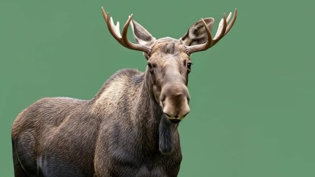 Majestic moose with impressive antlers against green backdrop