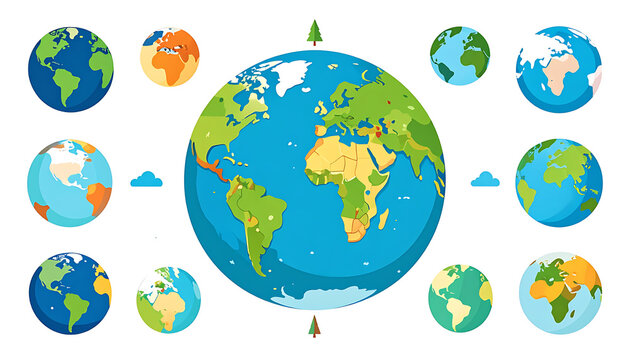 collection of pixel art globes with continents and oceans in various perspectives, representing global awareness and digital cartography