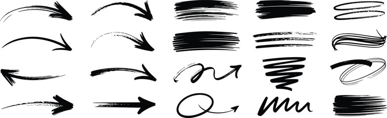 Obraz premium Hand drawn arrows brush strokes and abstract scribble elements collection in grunge vector illustration style