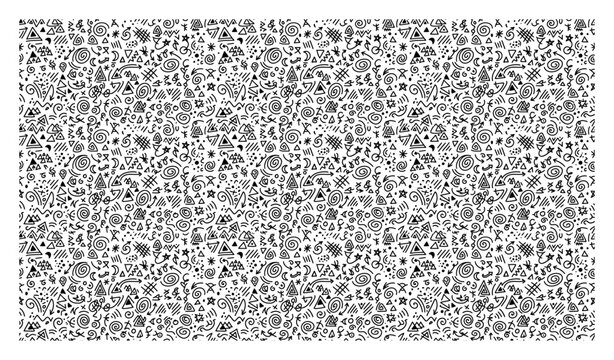 Intricate doodle pattern containing small stars triangles and spiral shapes in a dense hand drawn style