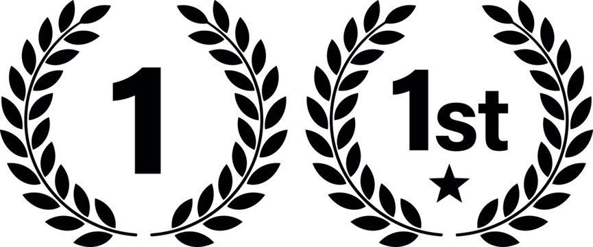 First Place Laurel Wreath Icon Set with Black First Rank Winner Symbols for Championship Victory Award Designs
