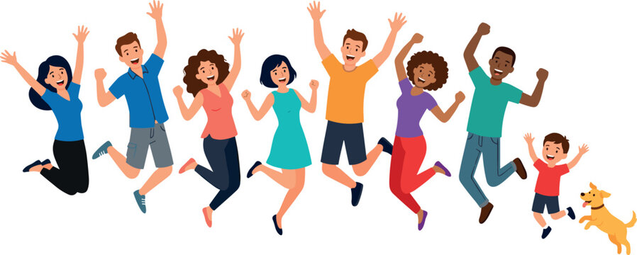 Happy Diverse Family Group with Child and Dog Jumping Together in Air to Celebrate Success Vector Illustration