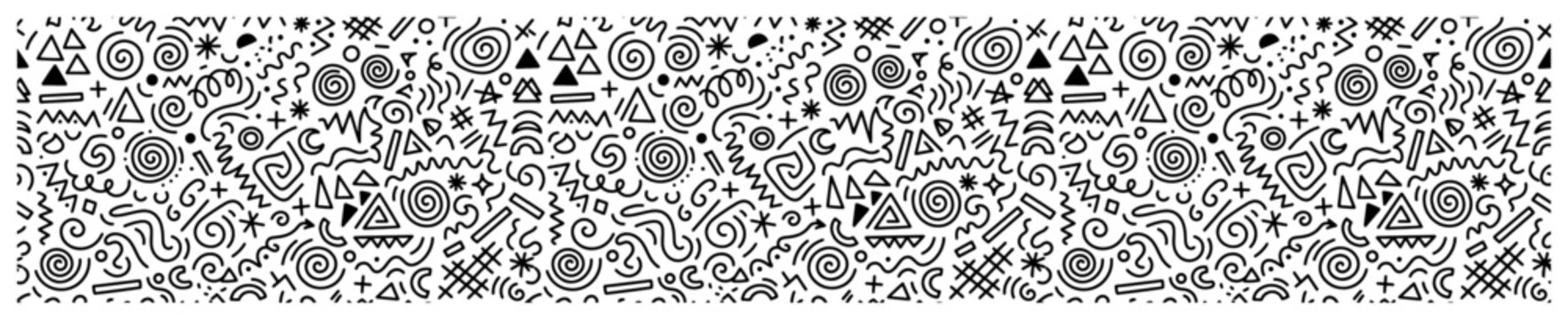 Continuous line pattern with abstract geometric shapes and whimsical spirals in hand drawn doodle style