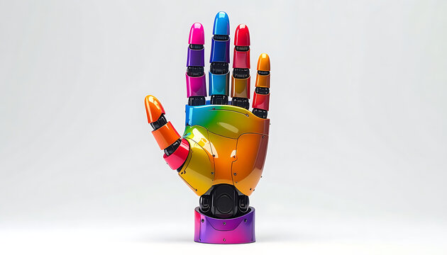 Colorful robotic hand outstretched, displaying vibrant rainbow segments on articulated fingers and palm against a neutral backdrop, symbolizing diversity and technology