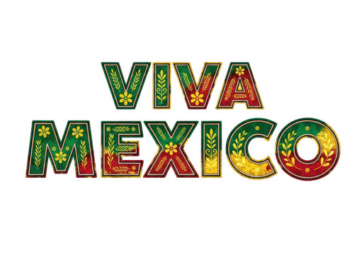 Viva mexico text design with vibrant green red and yellow floral patterns PNG isolated on transparent background