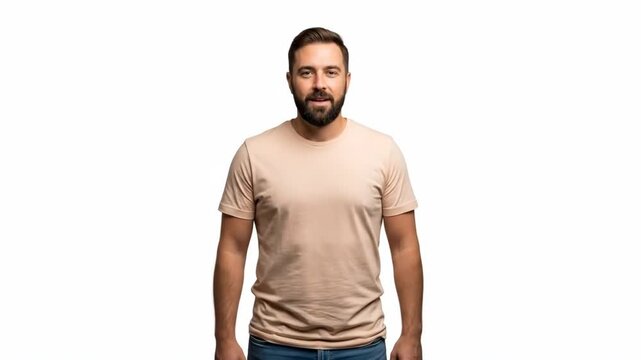 Man in beige t-shirt standing against plain background