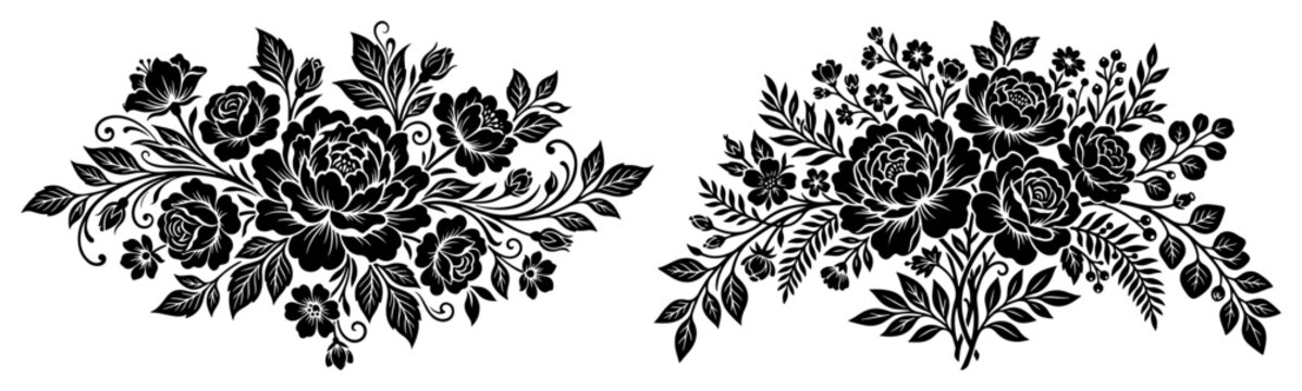 Elegant floral bouquets with blooming roses and detailed foliage in engraving style