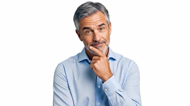 Thoughtful man in light blue button-down shirt posing thoughtfully