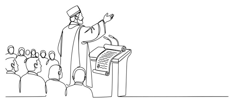 Priest preaching at pulpit in front of congregation in continuous line art style