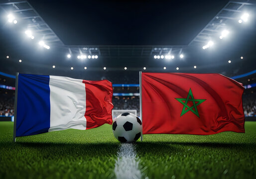 France versus morocco soccer match flags and ball on stadium pitch