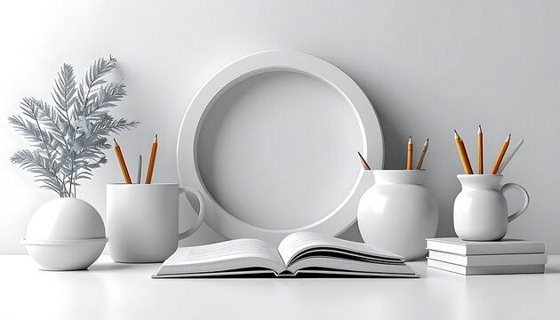Clean desk setup with open book, vases, pencils, and decorative leaf, ideal for study, creativity, or home office concepts