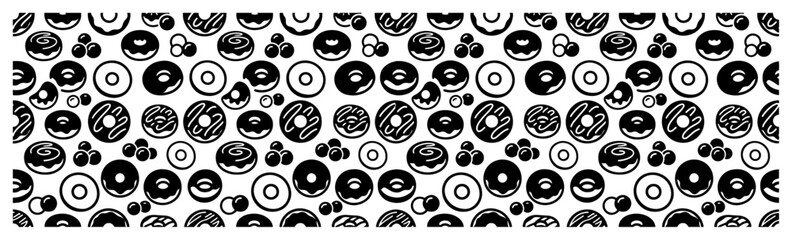 Sweet donut and berry pattern with various glazed pastries in a monochromatic dessert style © OnlyVector