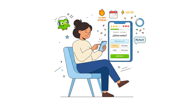 Young woman learning spanish language on smartphone app with duolingo character mascot, 14 day streak, 120 xp, flat vector illustration