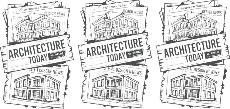 Three newspaper pages featuring architectural of buildings and headlines about architecture and news