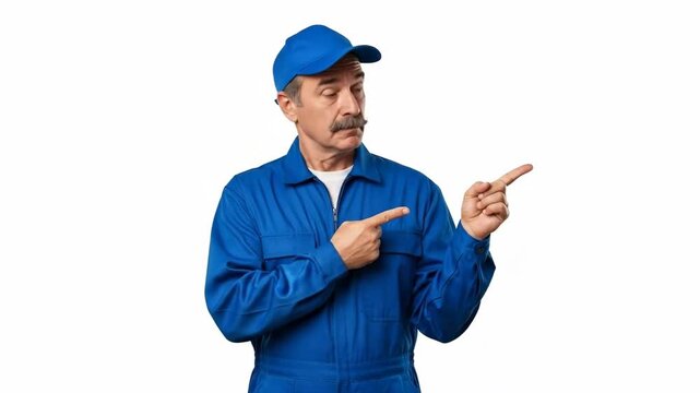Handyman pointing while wearing blue work uniform and cap