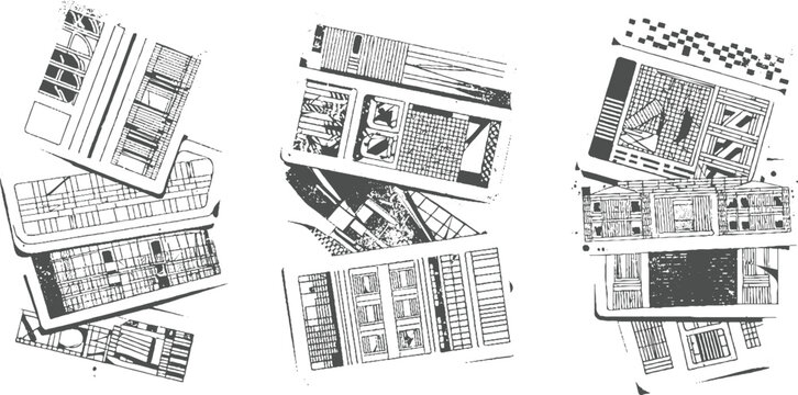 Architectural blueprint fragments with detailed building facades and grid patterns architecture window