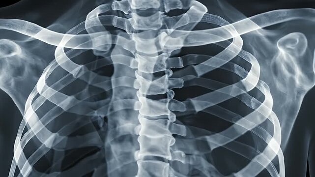 Human Thoracic Spine and Rib Cage X-Ray - This video is an X-ray of the human upper torso, focusing on the thoracic spine and rib cage.