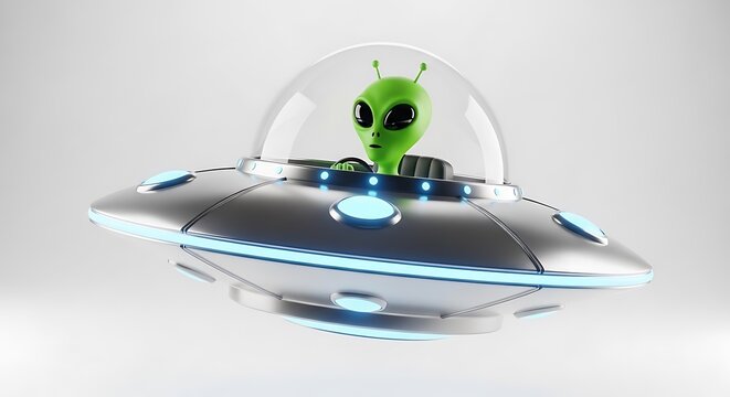 Green Alien in Flying Saucer Spaceship on White Background
