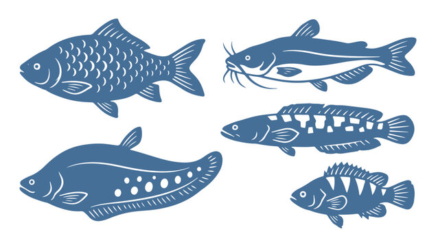Fish icons set, blue silhouettes of different species on white background
