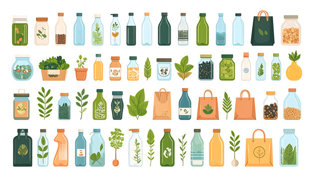 Collection of pixel art icons representing sustainable living, including glass jars with food and plants, reusable shopping bags, and bottles, ideal for eco-friendly concepts