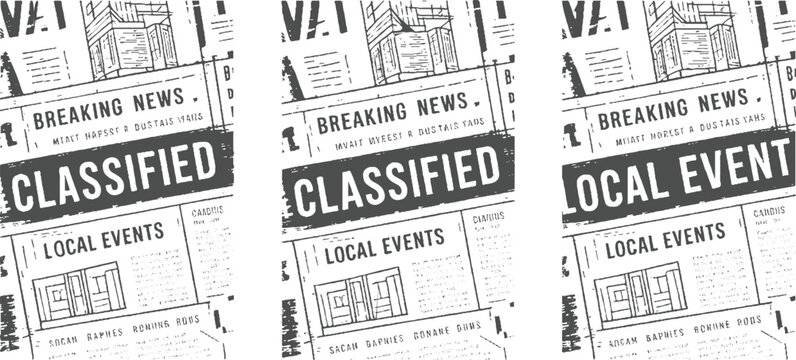Three newspaper pages with classified and local events sections in a monochromatic style