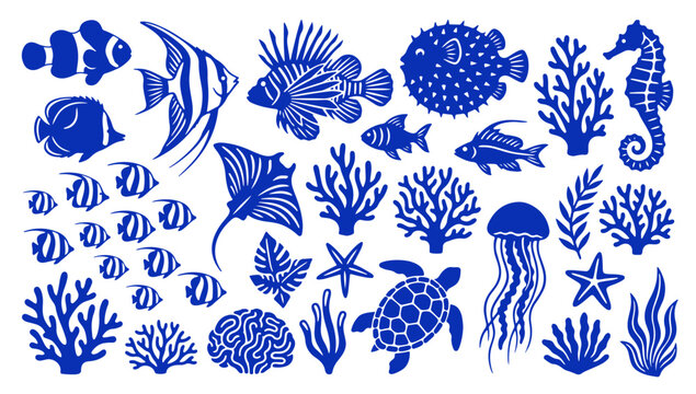 Oceanic marine life silhouettes with coral reef, fish, and sea creatures on white background