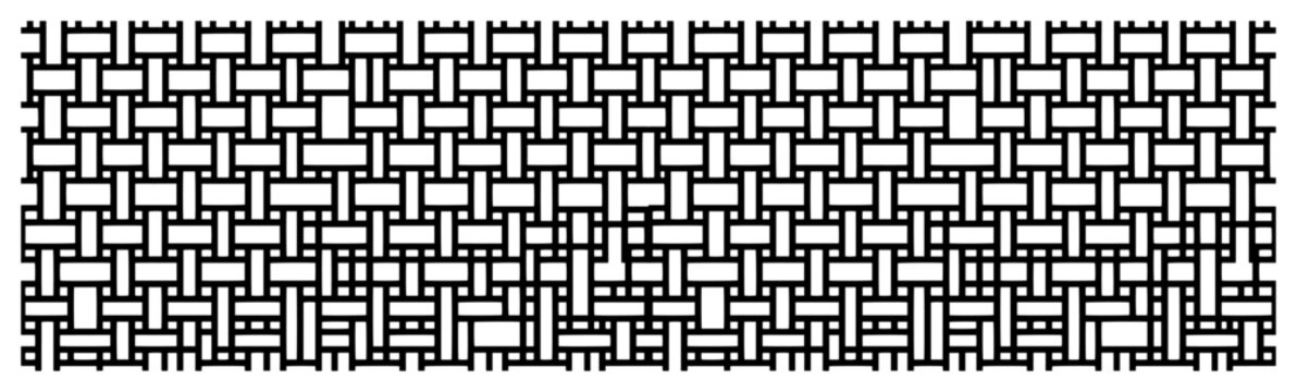 Interlocking woven basketry grid pattern with rectangular mesh structure