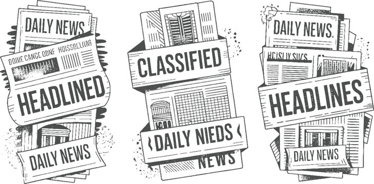 Three distinct black and white of stacked newspapers with bold headlines and text daily classified