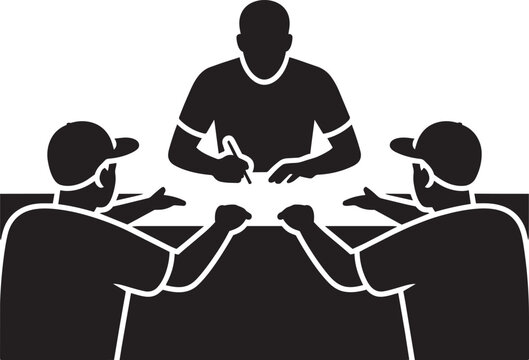 Silhouette of a professional athlete signing a contract or autograph at a table with 2 team coaches wearing baseball caps