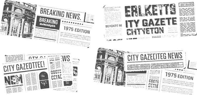 Vintage newspaper clippings featuring city buildings and headlines like breaking news and 1975 edition