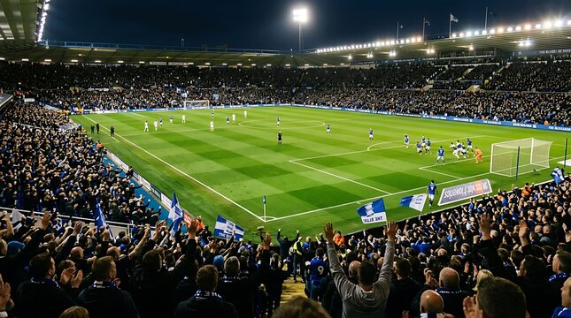 A vibrant soccer stadium filled with cheering fans during a night game