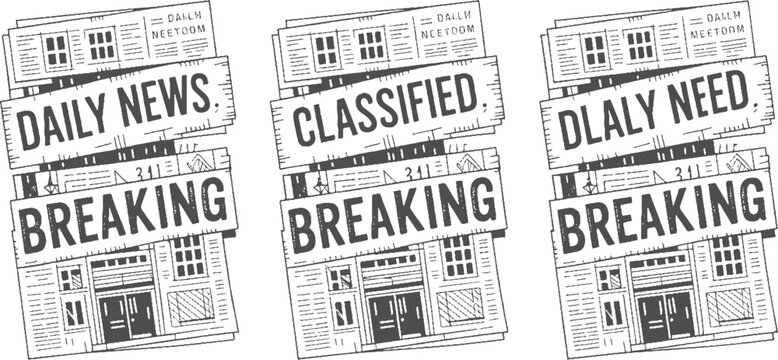 Three newspapers stacked with headlines daily news classified daily need and breaking news in a sketchy style
